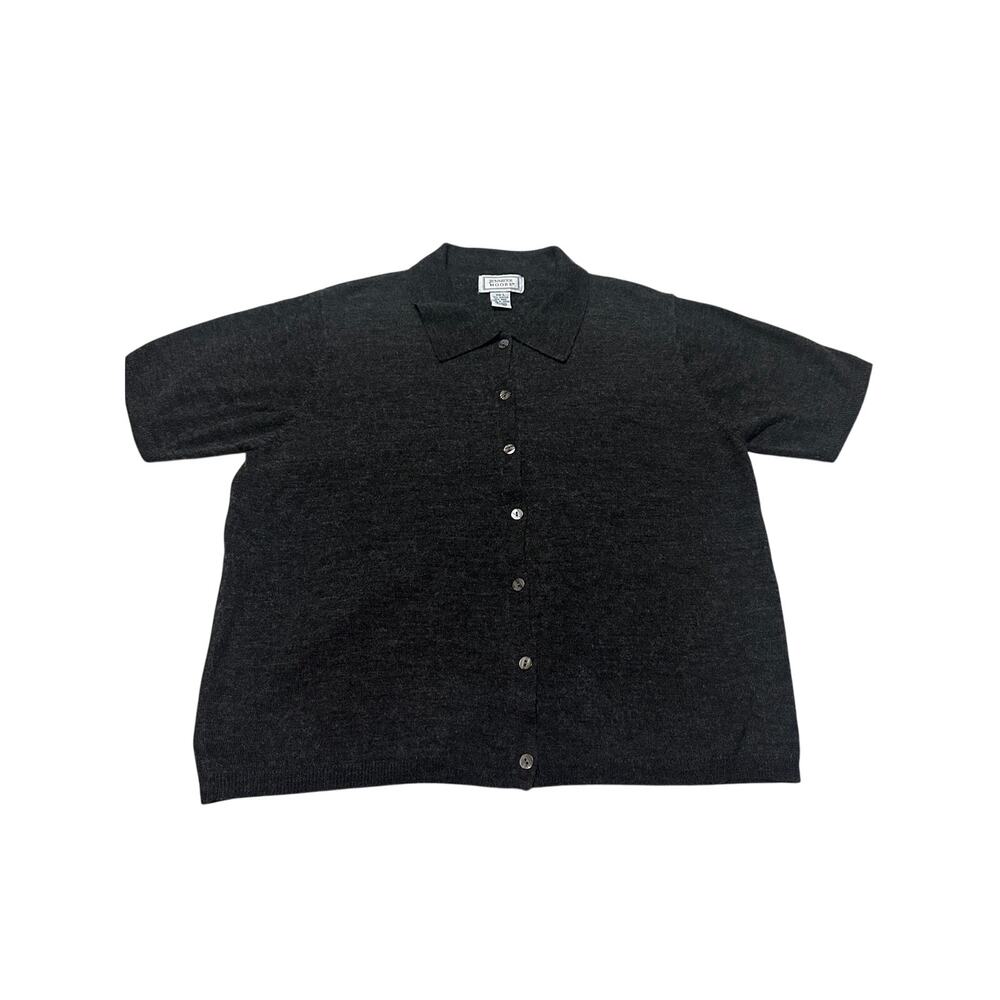 VTG Jennifer Moore Short Sleeve Knit Polo Shirt Black Grey Womens L Wool Blend